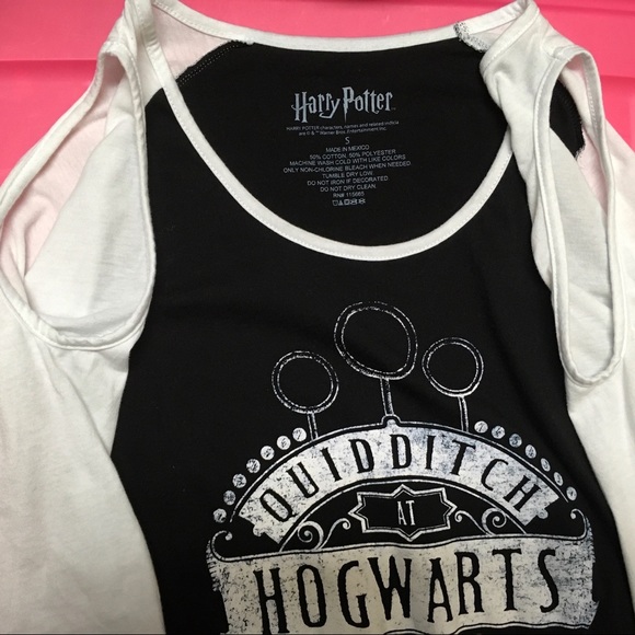 Harry Potter Quidditch Hogwarts black white shirt peekaboo shoulders small top - Picture 8 of 15